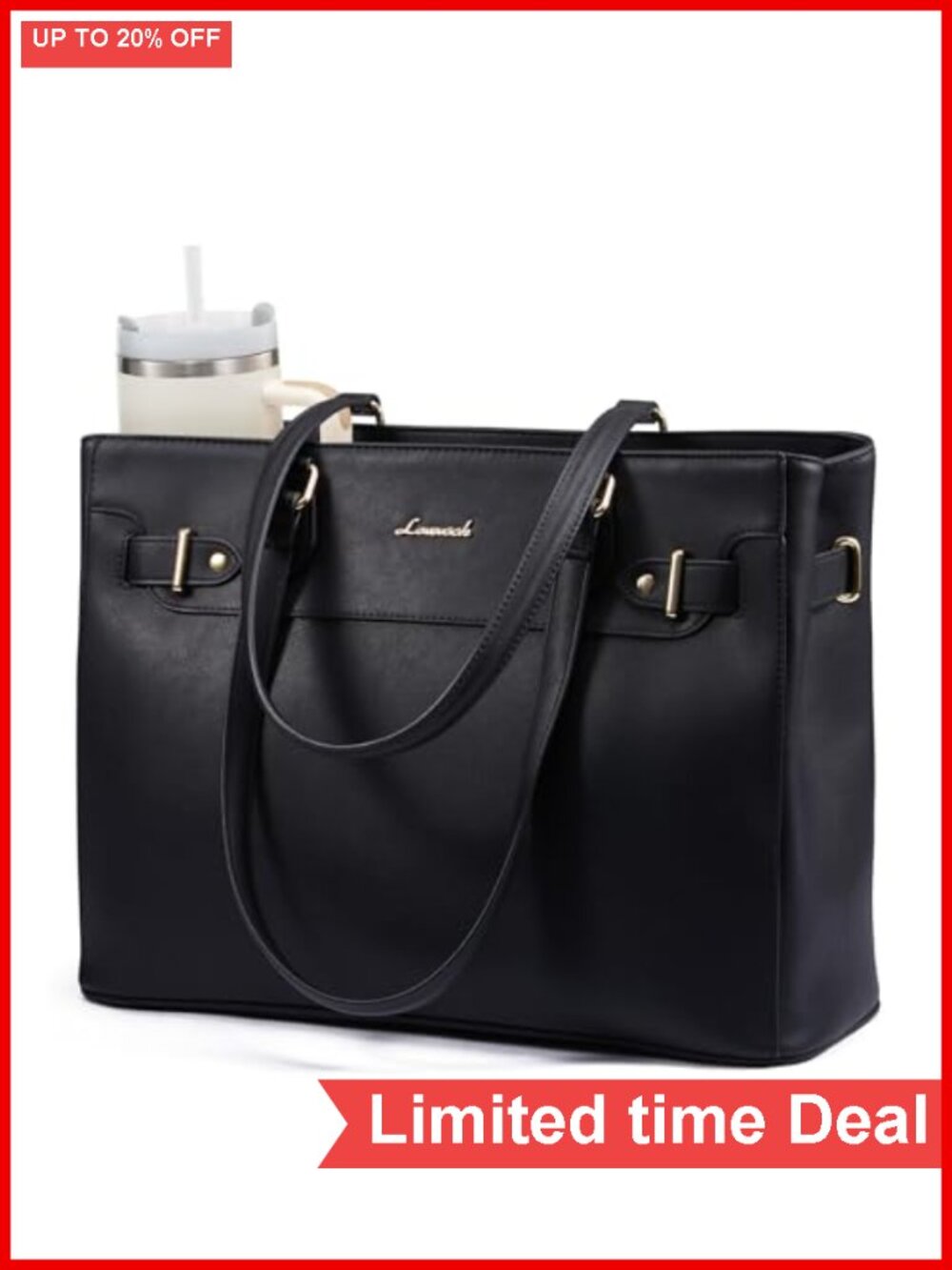 Waterproof PU Leather Laptop Tote Bag for Women with Cup Holder